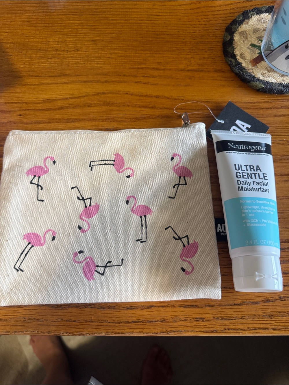 Pink Flamingo Canvas Pouch with Zipper & Bonus neutrogena moisturizer NWT
